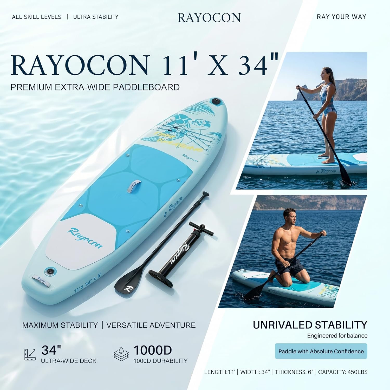 Inflatable Stand Up Paddle Board 11'×34" Extra Wide SUP, Ultra-Stable for Adults & Dog, 450lbs, Dual Chamber Pump, Fiberglass Paddle, Military Grade Dual Layer