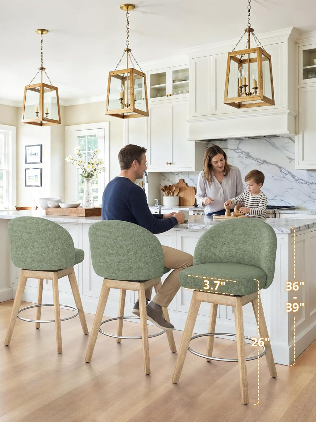 LUE BONA 360° Swivel Bar Stools Set of 3, 26" Counter Height Bar Stools with Backs, Modern Mid-Century Fabric Upholstered Stools with Solid Wood Legs for Kitchen Island, Light Green