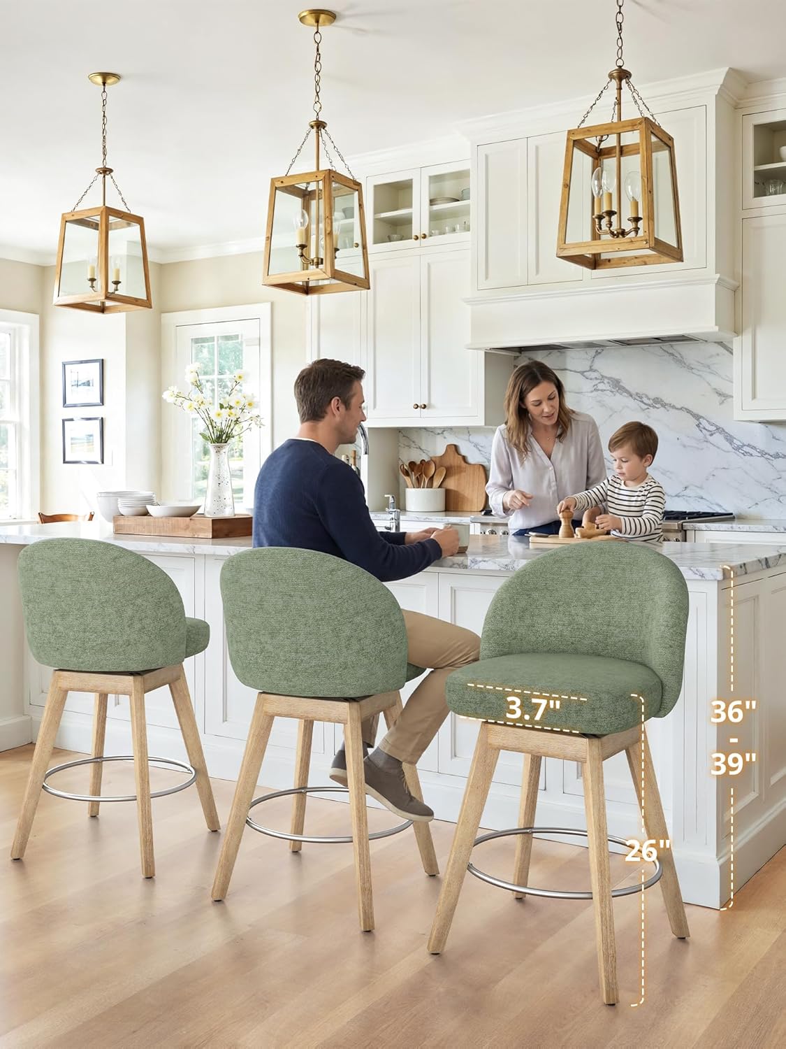 LUE BONA 360° Swivel Bar Stools Set of 3, 26" Counter Height Bar Stools with Backs, Modern Mid-Century Fabric Upholstered Stools with Solid Wood Legs for Kitchen Island, Light Green