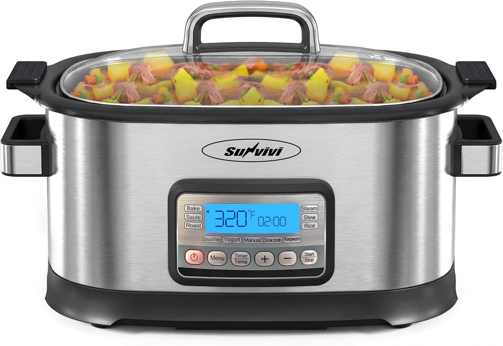 Sunvivi Slow Cooker Roaster Oven 6.5 Quart, 11 in 1 Programmable Multi-Cooker with Digital Timer, Temp Control, Keep Warm, Removable Nonstick Pot & Dishwasher-Safe Glass Lid, Sliver