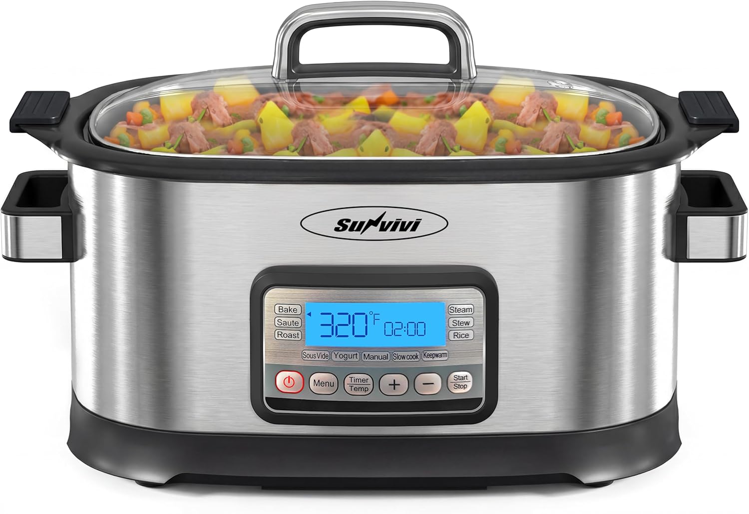 Sunvivi Slow Cooker Roaster Oven 6.5 Quart, 11 in 1 Programmable Multi-Cooker with Digital Timer, Temp Control, Keep Warm, Removable Nonstick Pot & Dishwasher-Safe Glass Lid, Sliver