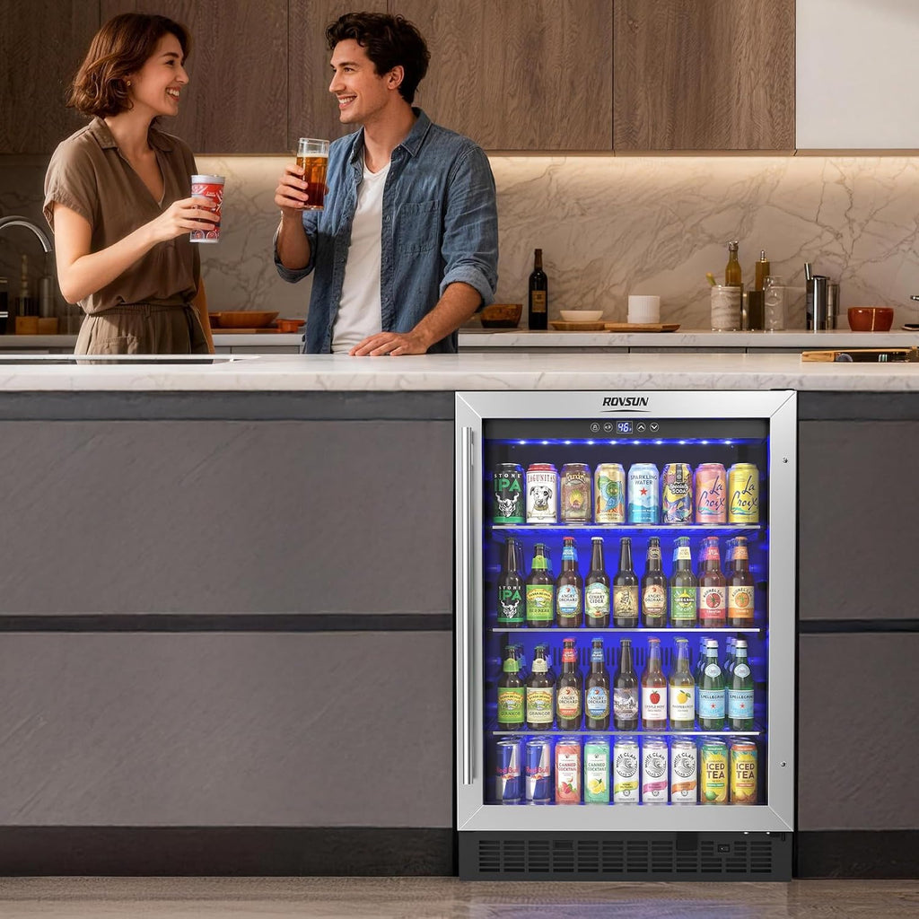 ROVSUN 24'' Beverage Refrigerator Cooler with Touch Panel & Adjustable Shelf, Undercounter Beverage and Wine Cooler Refrigerator for Soda Beer, Built-in or Freestanding for Home Office Kitchen or Bar