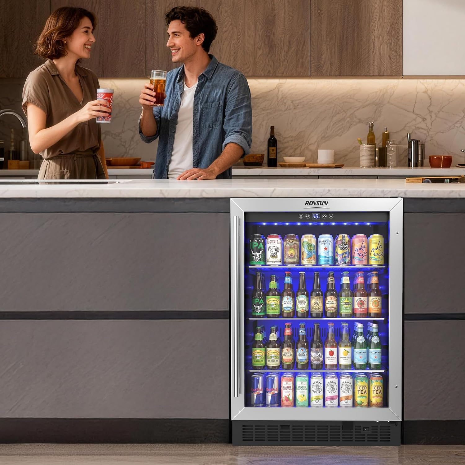 ROVSUN 24'' Beverage Refrigerator Cooler with Touch Panel & Adjustable Shelf, Undercounter Beverage and Wine Cooler Refrigerator for Soda Beer, Built-in or Freestanding for Home Office Kitchen or Bar