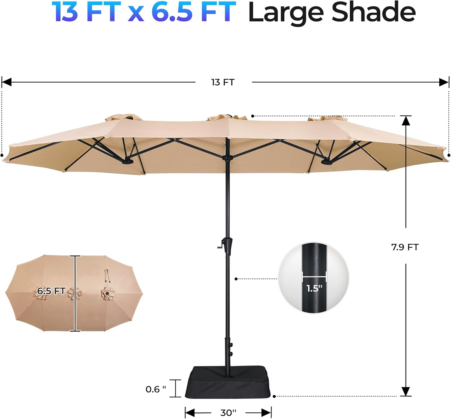 SUPERJARE 13FT Outdoor Patio Umbrella with Base Included, Double Sided Pool Umbrellas with Fade Resistant Canopy, Large Table Umbrella for Deck, Market, Backyard - Beige