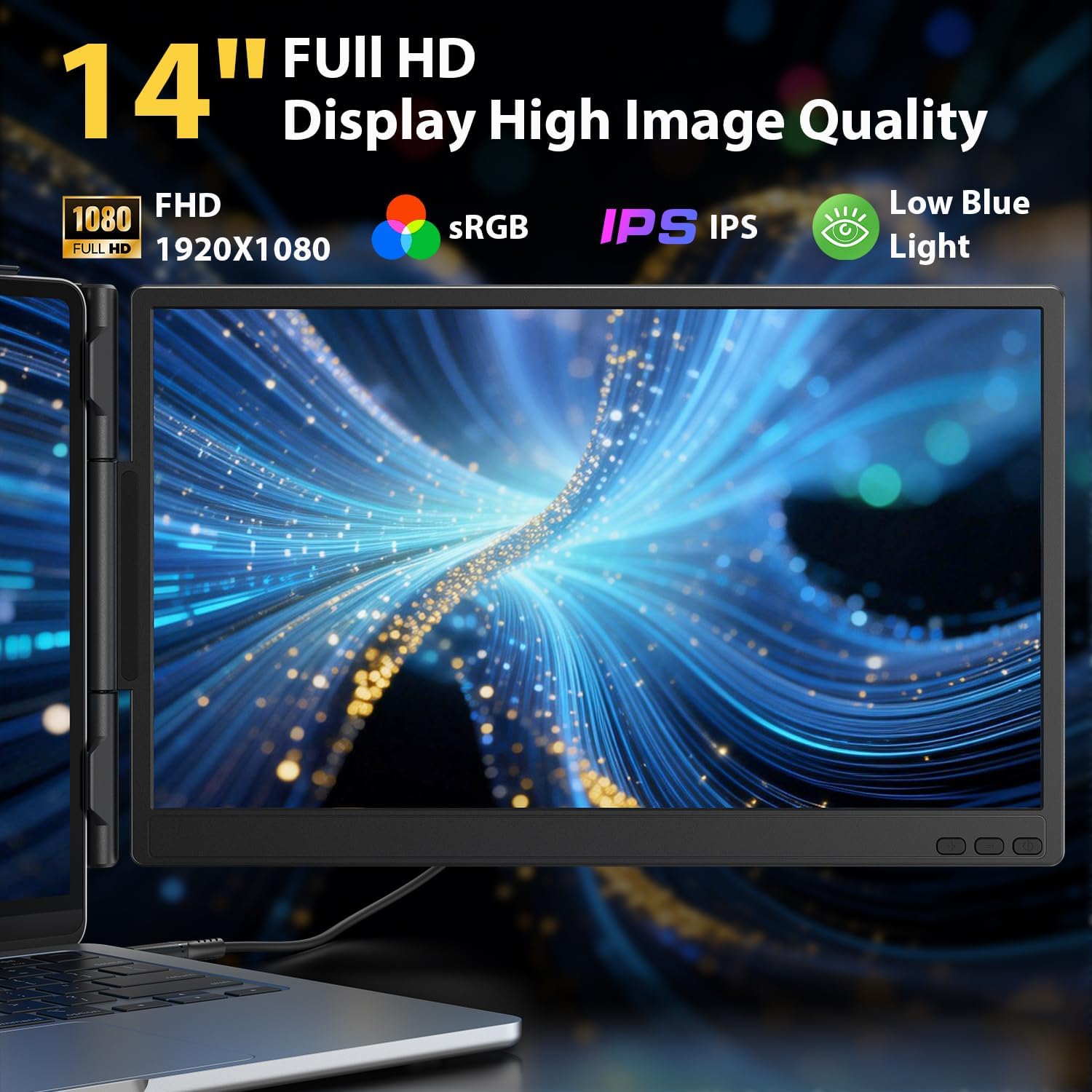 APILDELLA 14'' Dual Laptop Screen Extender, 1080P FHD Laptop Extended Monitor Portable with Speaker, Plug-Play Second Monitor for 13-16'' Laptops, Work with Mac, Window, Chrome