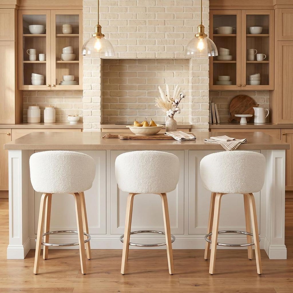 DUOMAY 2-Pack 26" Counter Height Bar Stools, White Sherpa Barrel Back Kitchen Island Chairs with Wood Legs for Dining Room, Bar, Coffee Shop