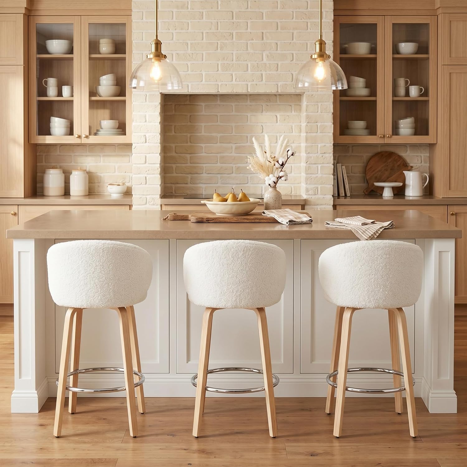 DUOMAY 2-Pack 26" Counter Height Bar Stools, White Sherpa Barrel Back Kitchen Island Chairs with Wood Legs for Dining Room, Bar, Coffee Shop