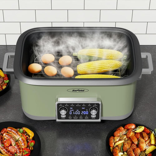 12-in-1 Programmable Slow Cooker Roaster Oven, 8 Quart Digital Multi-Cooker Food Warmer with Timer, Temp Control & Auto Shut Off, Removable Non-Stick Pot, Dishwasher-Safe Glass Lid, Green