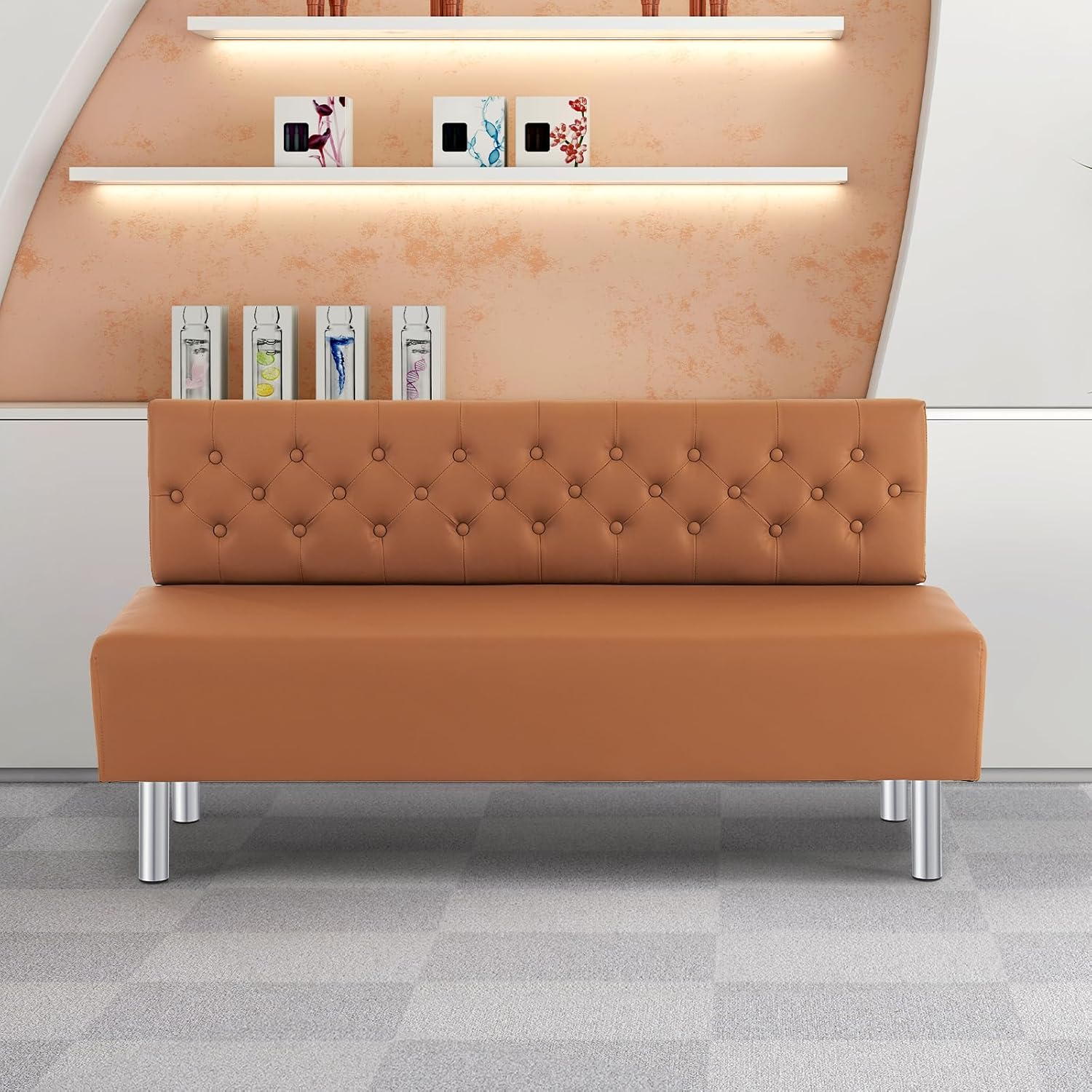 OmySalon Waiting Room Bench with Back, 58.6'' Office Guest Chair Upholstered Reception Seating, Lobby Furniture for Beauty Salon Barbershop Airport Bank Hall Room Conference, Button Tufted, Brown