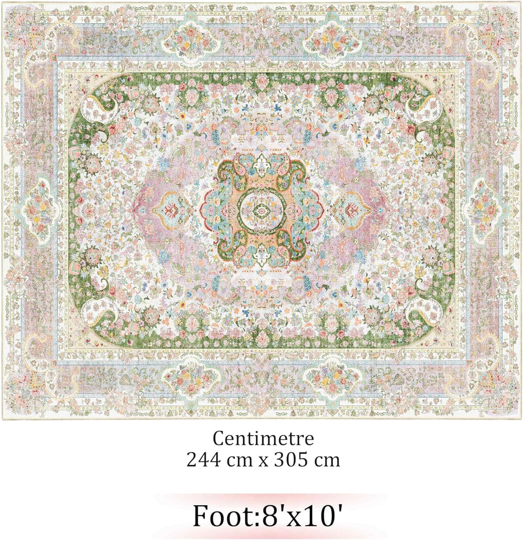 8x10 Area Rugs Washable,Pink Rug for Living Room Bedroom Dining Room,Large Boho Vintage Bohemian Distressed Carpet Non Slip,Blush Green