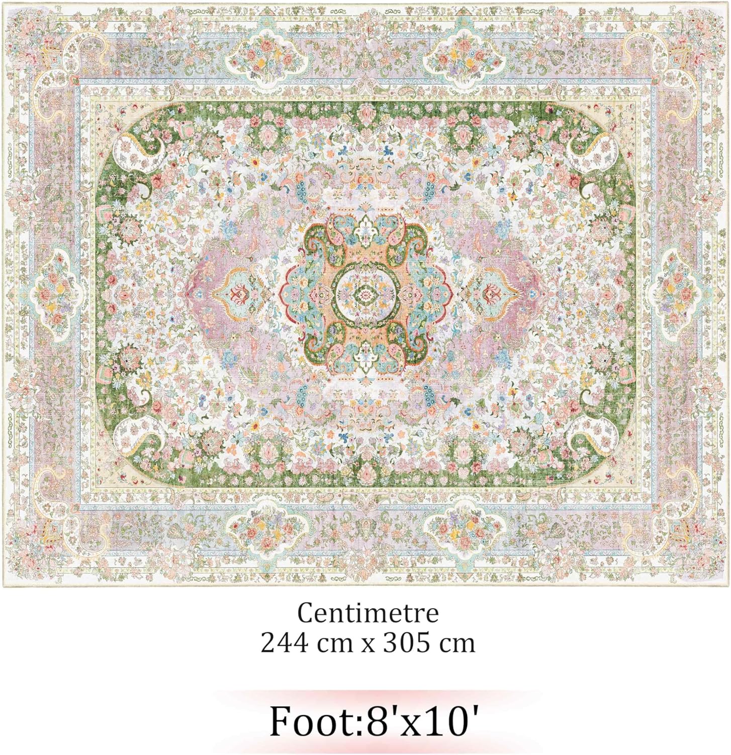 8x10 Area Rugs Washable,Pink Rug for Living Room Bedroom Dining Room,Large Boho Vintage Bohemian Distressed Carpet Non Slip,Blush Green