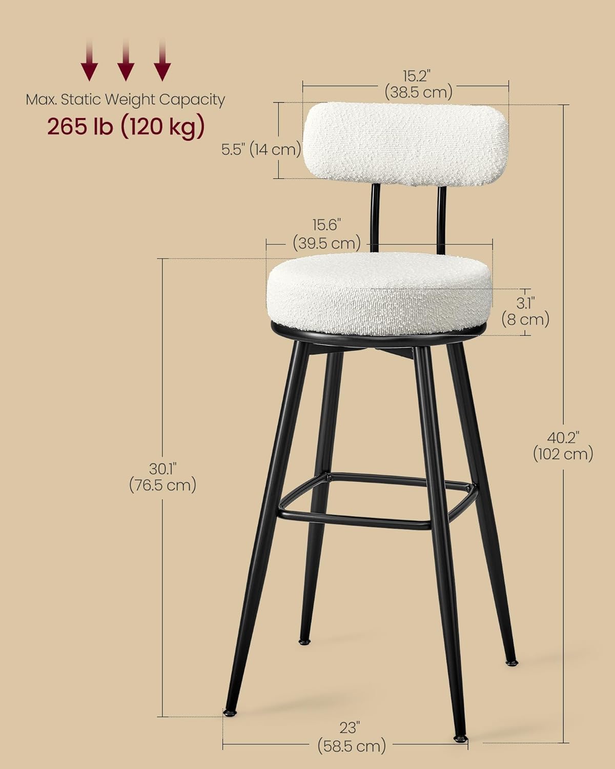 VASAGLE 360° Swivel Bar Stools Set of 2, Bar Height Bar Stools with Back, Boucle Fabric, Contemporary Modern, 30.1 Inch Tall, Kitchen and Home Bar, Cloud White ULBC131W01V1