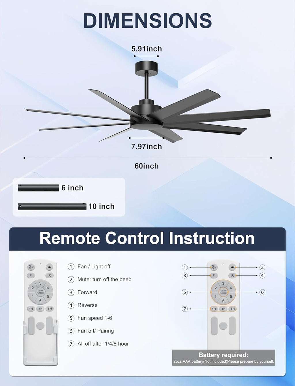 Ohniyou 60'' Ceiling Fan No Light - Modern Black 8 Blades Ceiling Fan Remote/APP Control, DC Motor Outdoor Fan for Covered Patio, Living Room, Shop, Garage
