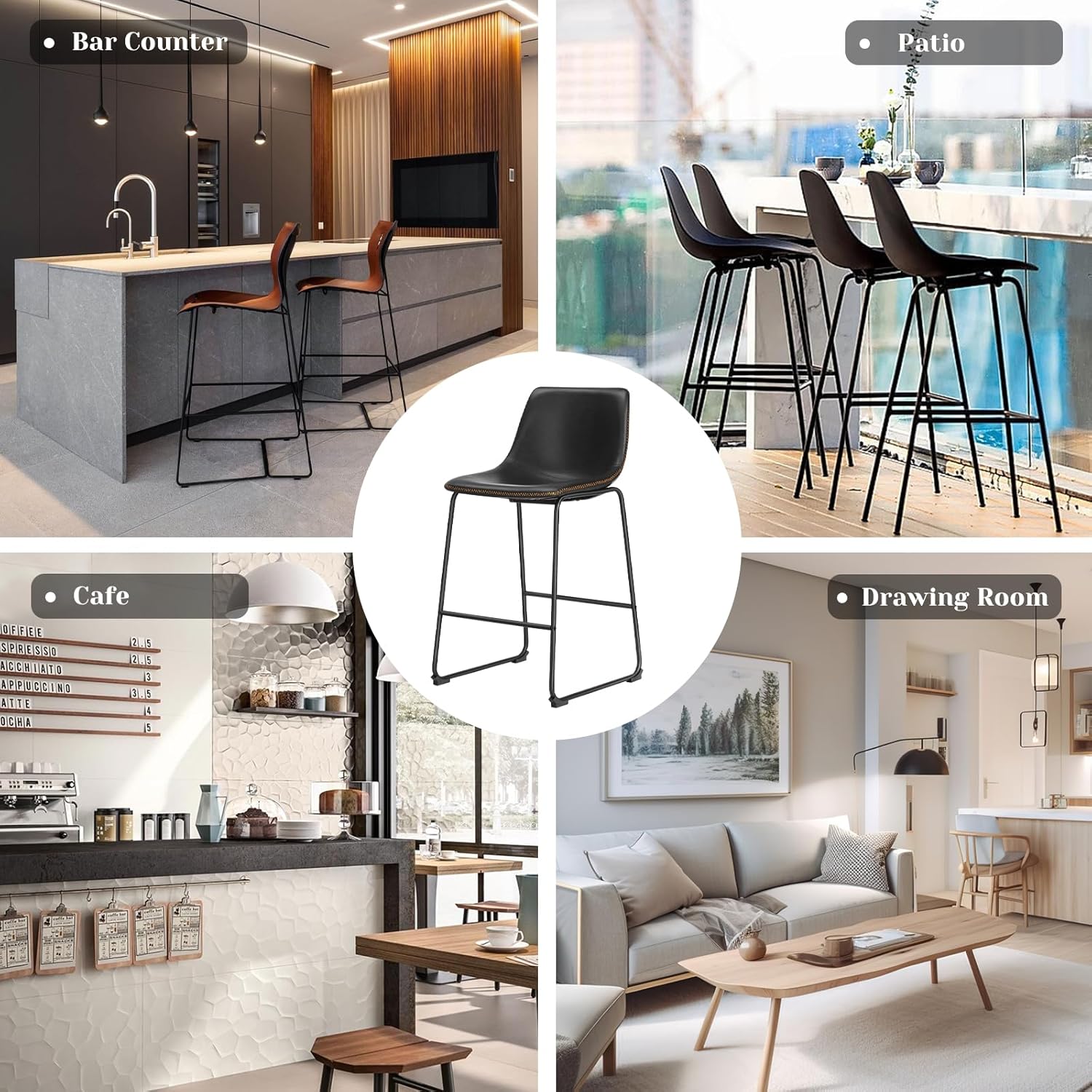 Sweetcrispy Counter Height Bar Stools Set of 4, 30 inch Height Stool Faux Leather Barstools with Back, Armless Kitchen Island Countertop Comfortable Modern Chairs with Metal Legs, Elegant Black