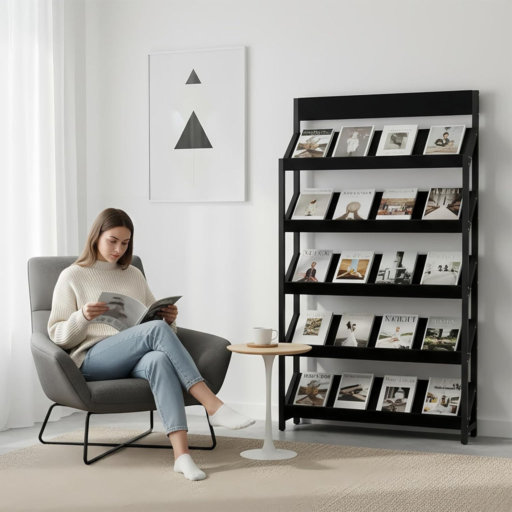 Magazine Rack Floor, 4/5-Tier Floor Magazine Rack, Sturdy Carbon Steel & Wood Literature Display Stand, Space-Saving Vertical Design,Literature Rack for Living Room, Coffee Shop, Office, School