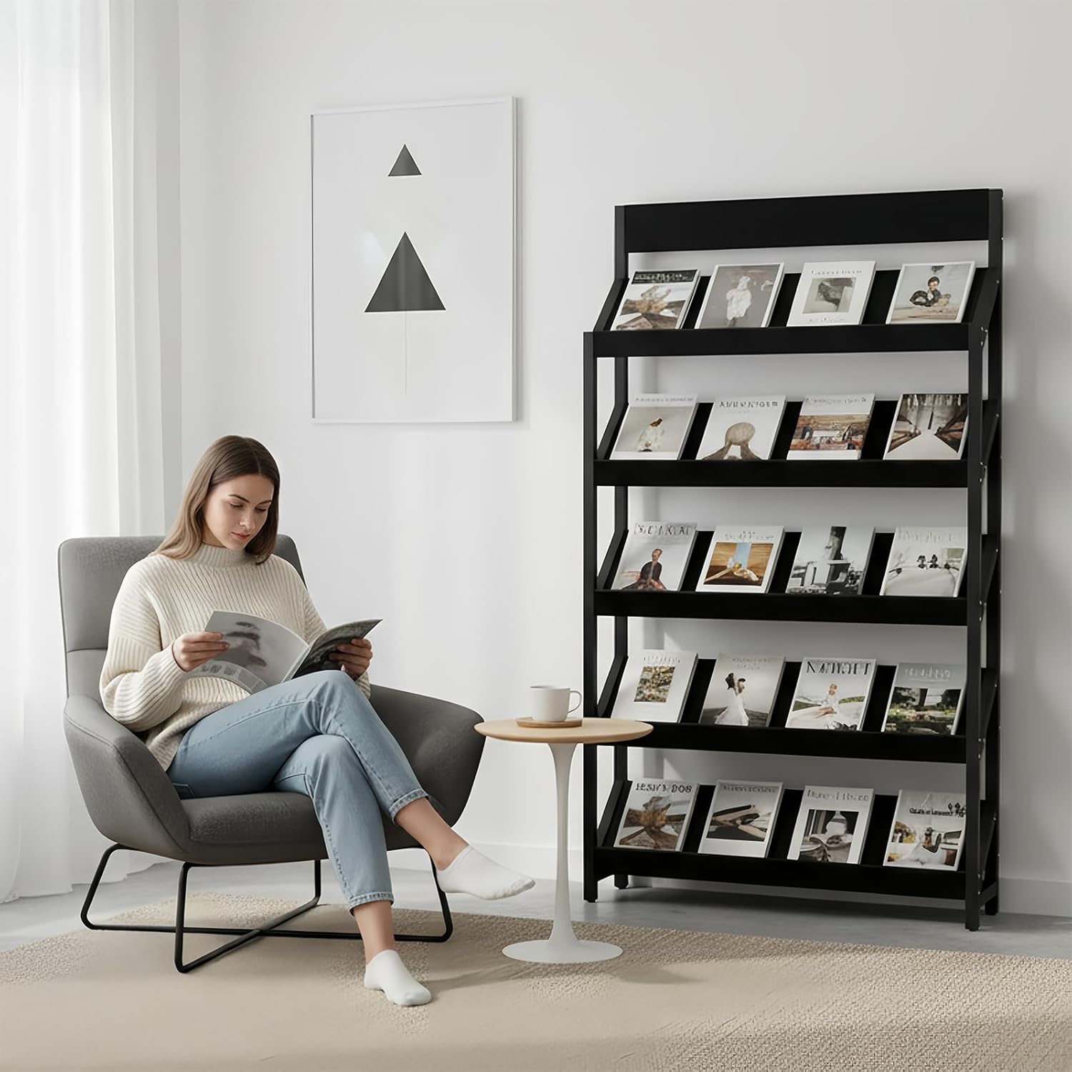 Magazine Rack Floor, 4/5-Tier Floor Magazine Rack, Sturdy Carbon Steel & Wood Literature Display Stand, Space-Saving Vertical Design,Literature Rack for Living Room, Coffee Shop, Office, School