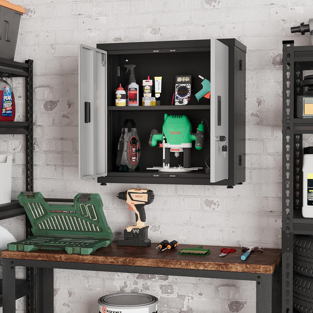 ROOMTEC Foldable Wall Mounted Garage Cabinet, Metal Storage Cabinet with Doors, Lockable Garage Storage Cabinet with Fixed Shelf, Retractable Design for Shop, Utility Room, Workshop, Black & Grey