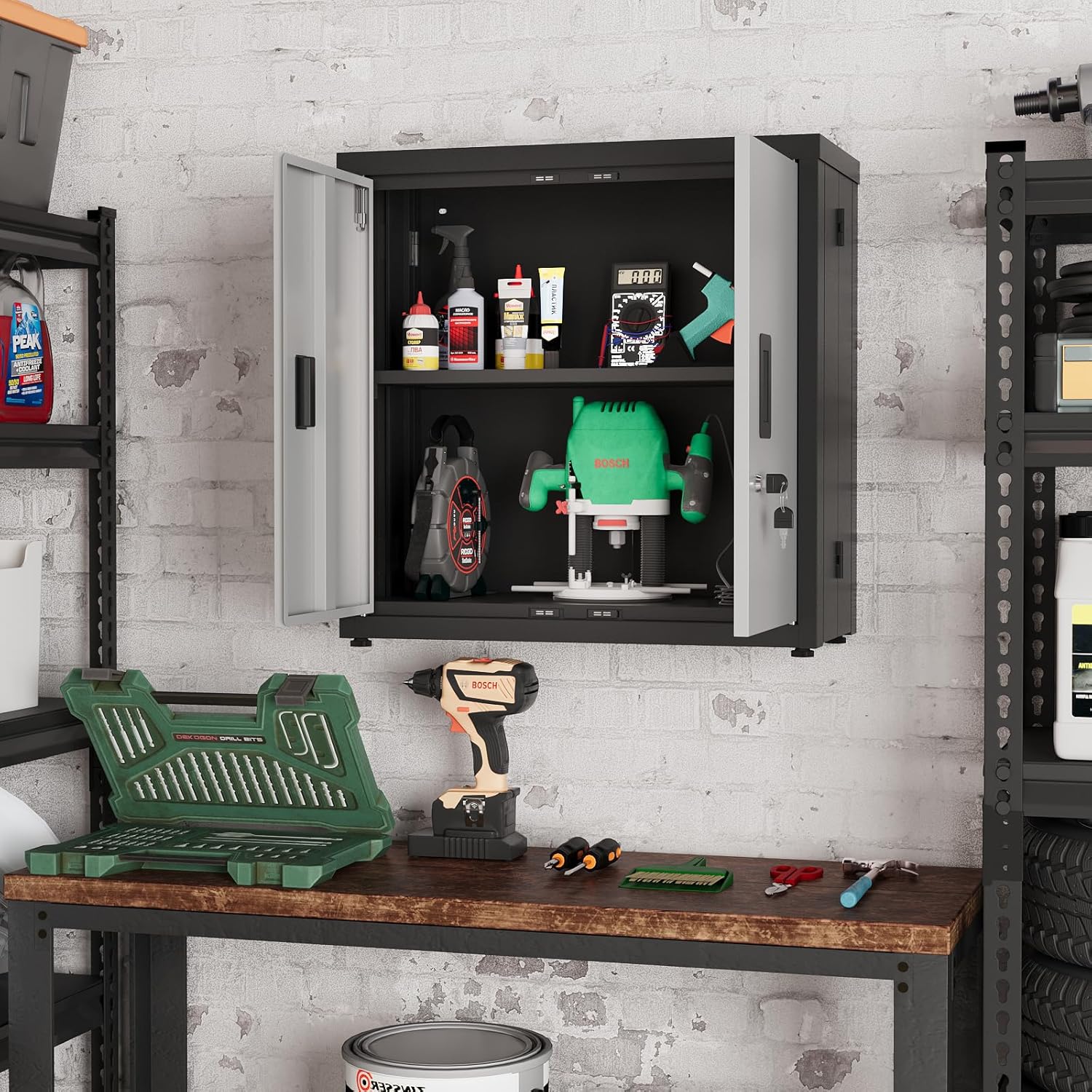 ROOMTEC Foldable Wall Mounted Garage Cabinet, Metal Storage Cabinet with Doors, Lockable Garage Storage Cabinet with Fixed Shelf, Retractable Design for Shop, Utility Room, Workshop, Black & Grey