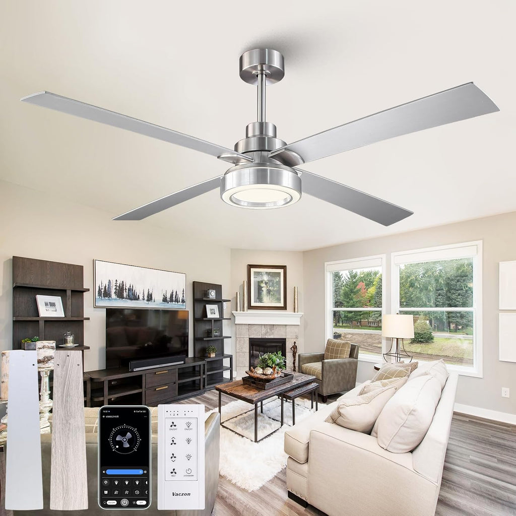 60 Inch Large Ceiling Fans with Lights and Remote/APP, Modern Brushed Nickel Ceiling Fan, 3CCT Dimmable, 6-Speeds Reversible, Quiet High Airflow Fan with Long Downrods for Living Room, Shop