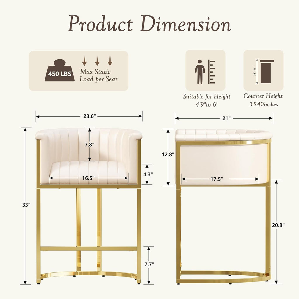26" H Counter Height Bar Stools Set of 3, Modern Barrel Counter Stools with Backrest and Arms, Faux Leather Upholstered Accent Barstools for Kitchen Island, Gold Metal Frame/Ivory White