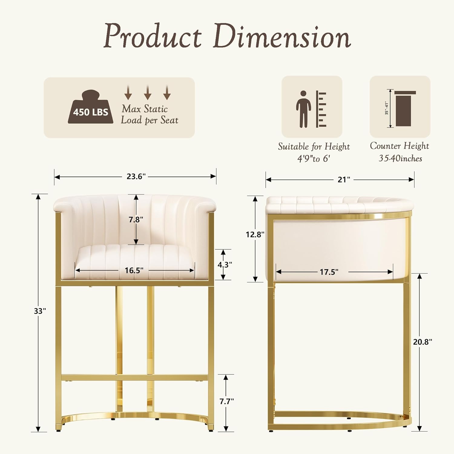 26" H Counter Height Bar Stools Set of 3, Modern Barrel Counter Stools with Backrest and Arms, Faux Leather Upholstered Accent Barstools for Kitchen Island, Gold Metal Frame/Ivory White