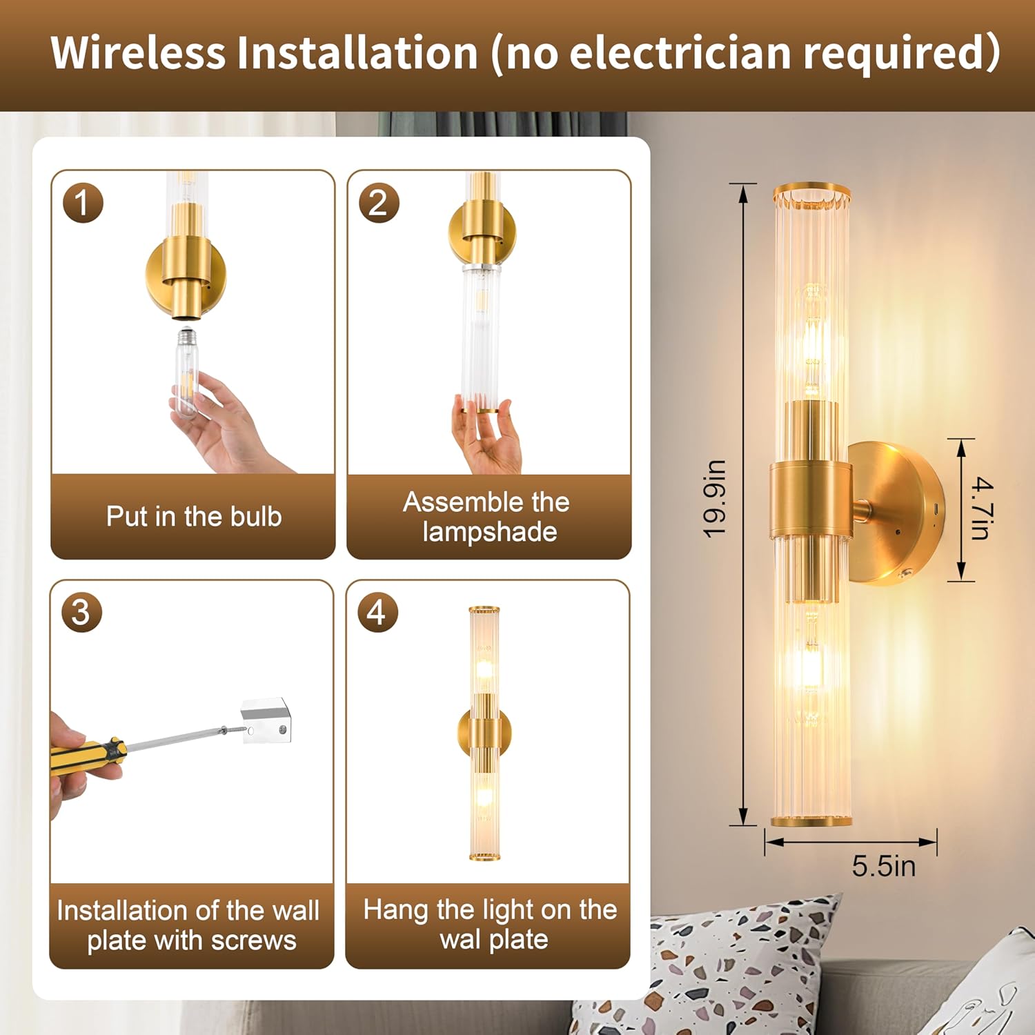 Morauroral Gold Battery Operated Wall Sconces Set of Two, Rechargeable Wall Sconce with Dimmable Remote Control, 20 Inch Wireless Sconce Wall Light for Bedroom, Living Room (Bulbs Included)