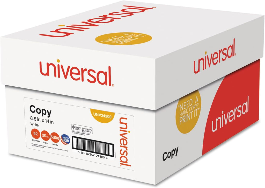 Universal 24200 Copy Paper, 92 Brightness, 20lb, 8-1/2 x 14, White, 5000 Sheets/Carton