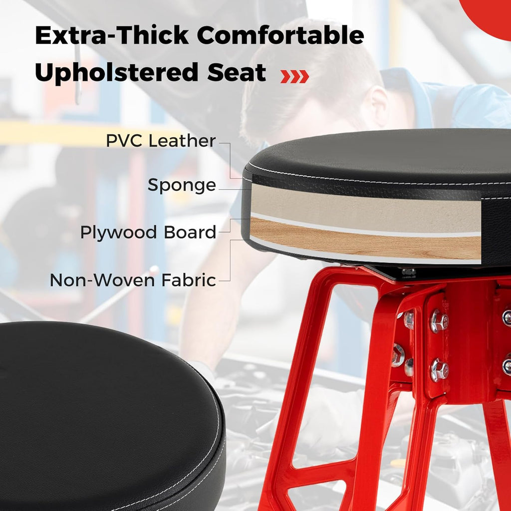 Mechanic Stool, Heavy-Duty Aluminum Garage Barstool with 360° Swiveling Seat & Footrest, Tall Padded Workshop Stool for Tool Room, Auto Repair, 400 LBS Max Load