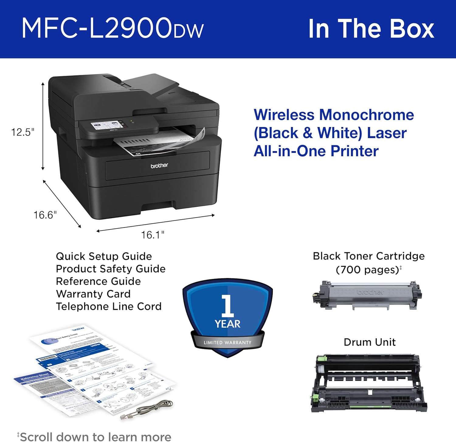 Brother Professional Laser Printer with Scanner, High-Speed 36 ppm Monochrome All-in-One, Wireless Duplex Printing and Scanning, Cloud-Ready 3.5 in Touchscreen for Small Business (MFC-L2900DW)