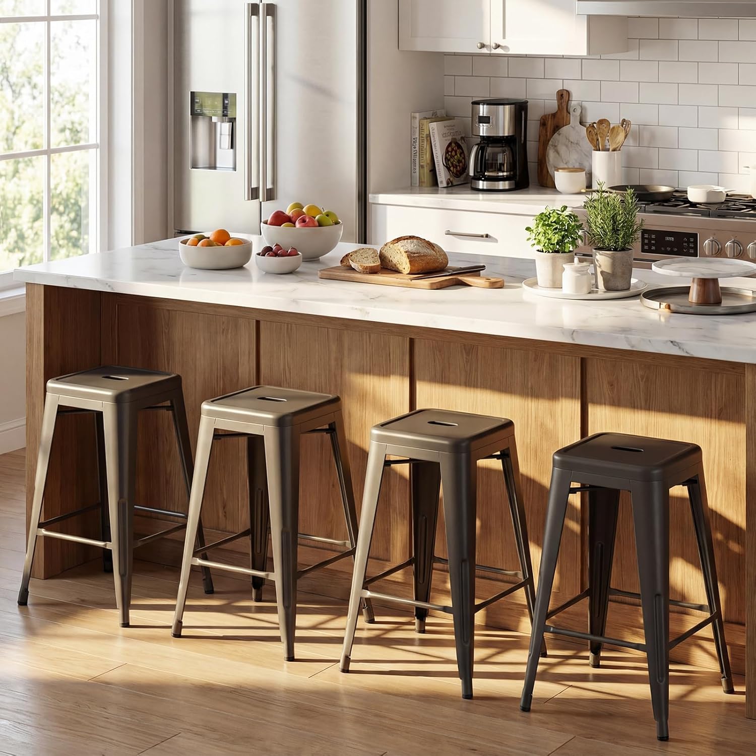 COSTWAY 24'' Metal Bar stools Set of 4, Counter Height Stools with Removable Back and Rubber Feet, Stylish and Modern Chairs, for Kitchen, Dining Rooms, and Side Bar, Gun