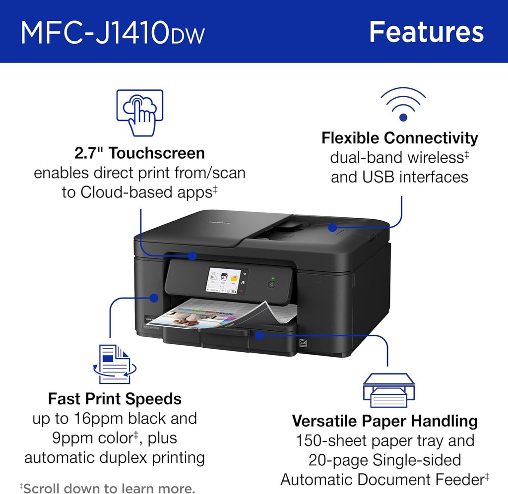 Brother Work Smart 1410 Wireless Color Inkjet All-in-One Printer with 2.7” Touchscreen and Automatic Duplex Printing | Includes Refresh Subscription Trial(1) (MFC-J1410DW)