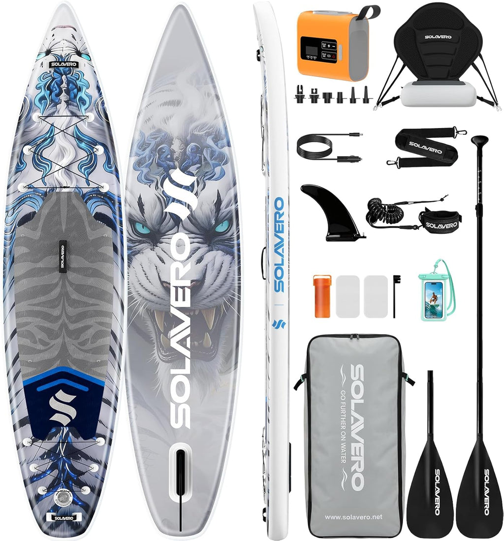 SOLAVERO Inflatable Stand Up Paddle Board, 12'5"×33" Extra Large SUP with Seat Premium Accessories, Anti-Slip EVA Deck for Youth & Adults 600lb Capacity Adventure Paddleboard for Lake, River, Ocean
