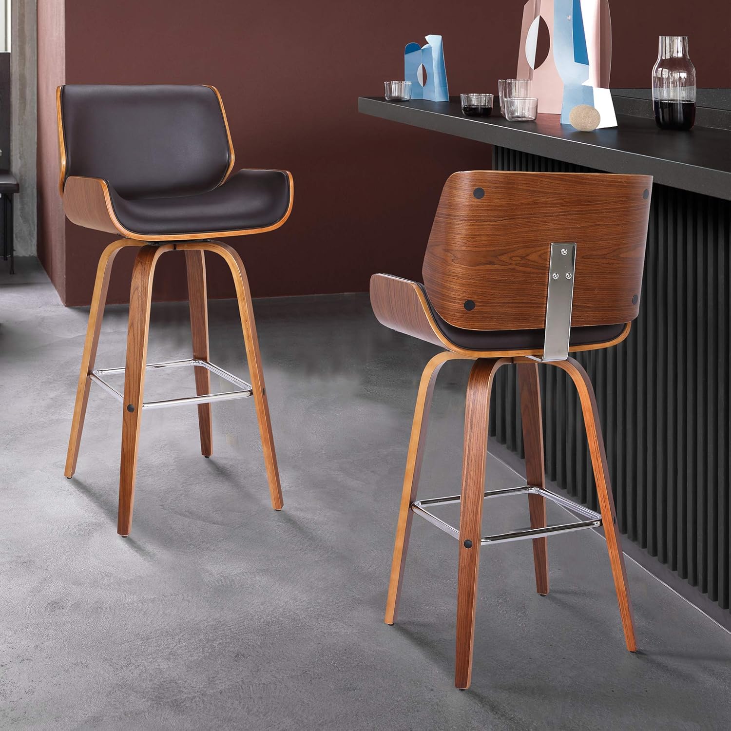 Armen Living Tyler 30" Bar Height Swivel Brown Faux Leather and Walnut Wood Bar Stool