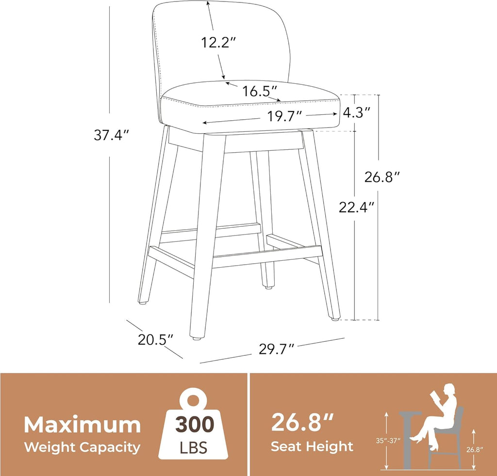 CHITA 26.8" Swivel Counter Height Bar Stools, Modern Upholstered Counter Stools with Back and Wood Legs for Kitchen Island, Home Bar, Set of 2, Saddle Brown Faux Leather