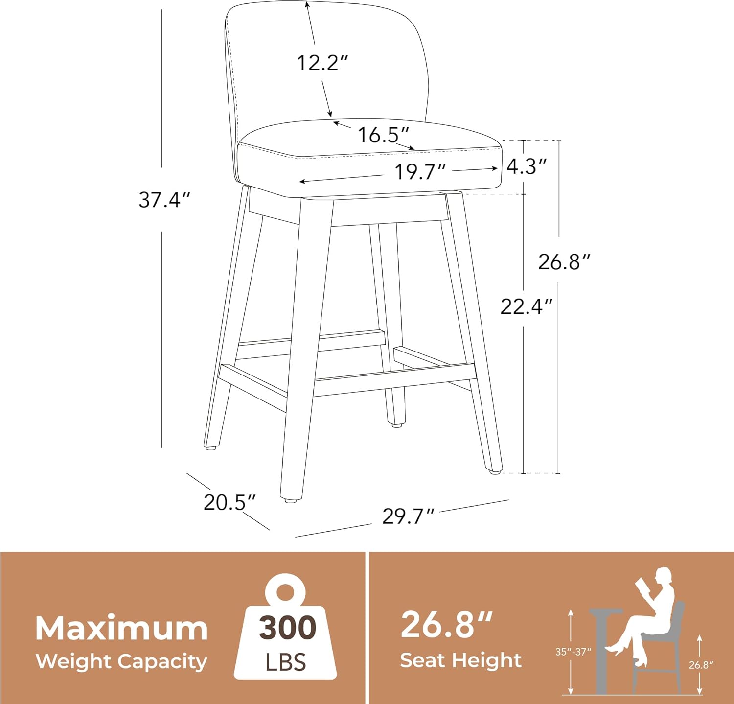 CHITA 26.8" Swivel Counter Height Bar Stools, Modern Upholstered Counter Stools with Back and Wood Legs for Kitchen Island, Home Bar, Set of 2, Saddle Brown Faux Leather