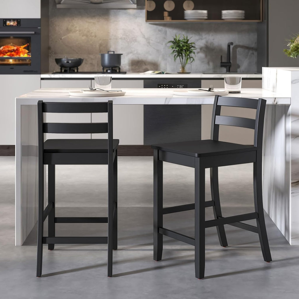 COSTWAY Wooden Bar Stools Set of 2, 24-Inch Counter Height Stools with Ergonomic Backrest & Footrest, Farmhouse High Dining Chairs for Kitchen Island, Pub, Cafe (2, Black)
