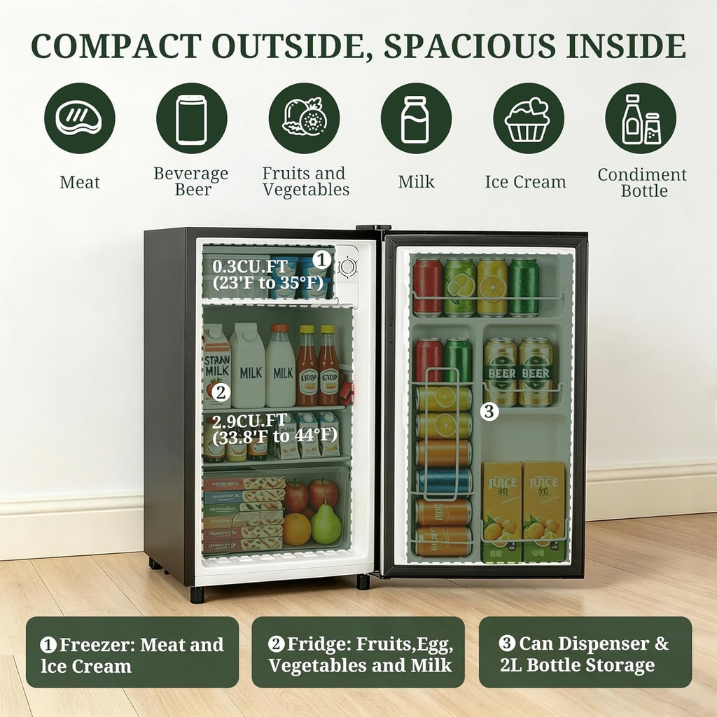 Mini Fridge with Freezer, 3.2 Cu.Ft Compact Single Door Refrigerator with Adjustable Thermostat, Low Noise & Energy Efficient (0.41kWh/Day), Small Fridge for Bedroom, Dorm, Office, Apartment (Silver)