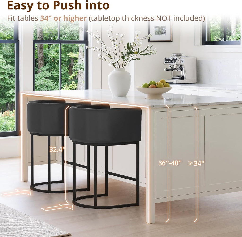 LUE BONA 27" H Counter Height Bar Stools Set of 3, Modern Barrel Counter Stools with Backrest and Arms, Black Metal Frames,Faux Leather Upholstered Accent Barstools for Kitchen Island,Black