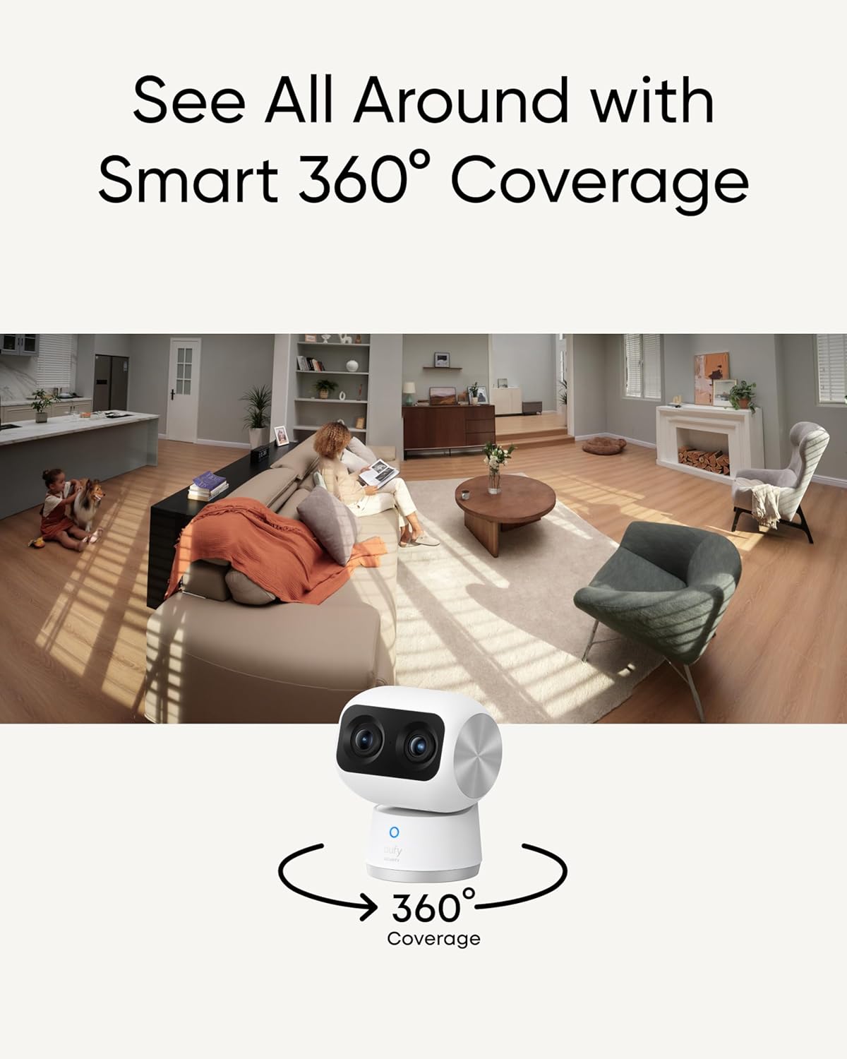 eufy Security 4K Indoor Cam S350, No Subscription, Dual Cameras, 8× Zoom, 360° Coverage, Works as a Pet Camera, Nanny/Senior/Baby Monitor, AI Auto-Tracking, Human/Pet/Cry Detection, 2.4/5 GHz Wi-Fi