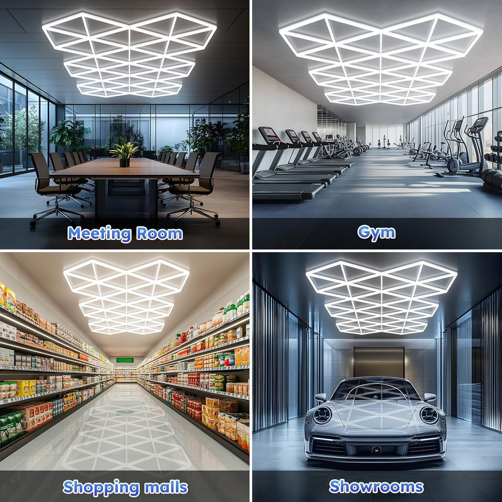 Triangle LED Garage Light - 71 Pack Hexagonal Lights, 710W 78100LM Super Bright Garage Ceiling Lights, Larger Size Honeycomb Light for Warehouse Workshop Gym Basement Car Care Wash Room