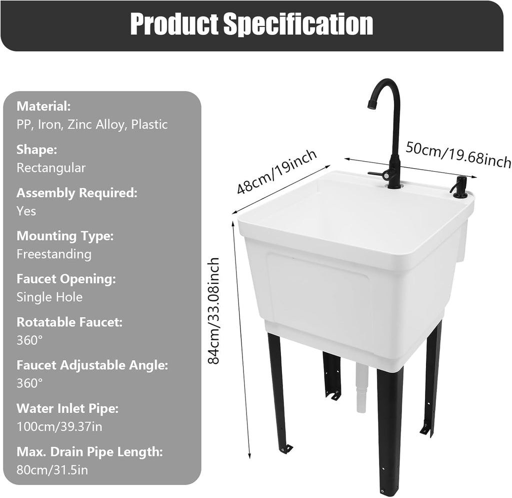 Freestanding Utility Sink, Utility Sink Extra-Deep Laundry Tub, Freestanding Plastic Utility Sink Laundry Tub Sink for Basement, Laundry Room, Garage or Shop (White)