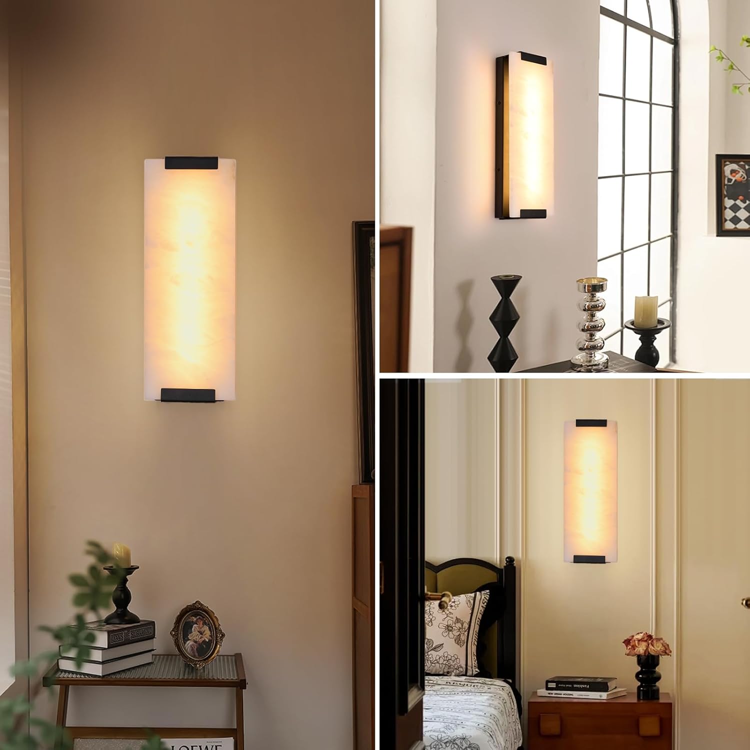14.2in Alabaster Wall Sconces, Large Natural Marble Wall Sconces Set of Two, LED Modern Wall Lamp for Bedroom, Stairs, Living Room, Vanity, Bedside, Hallway （Black 12W）