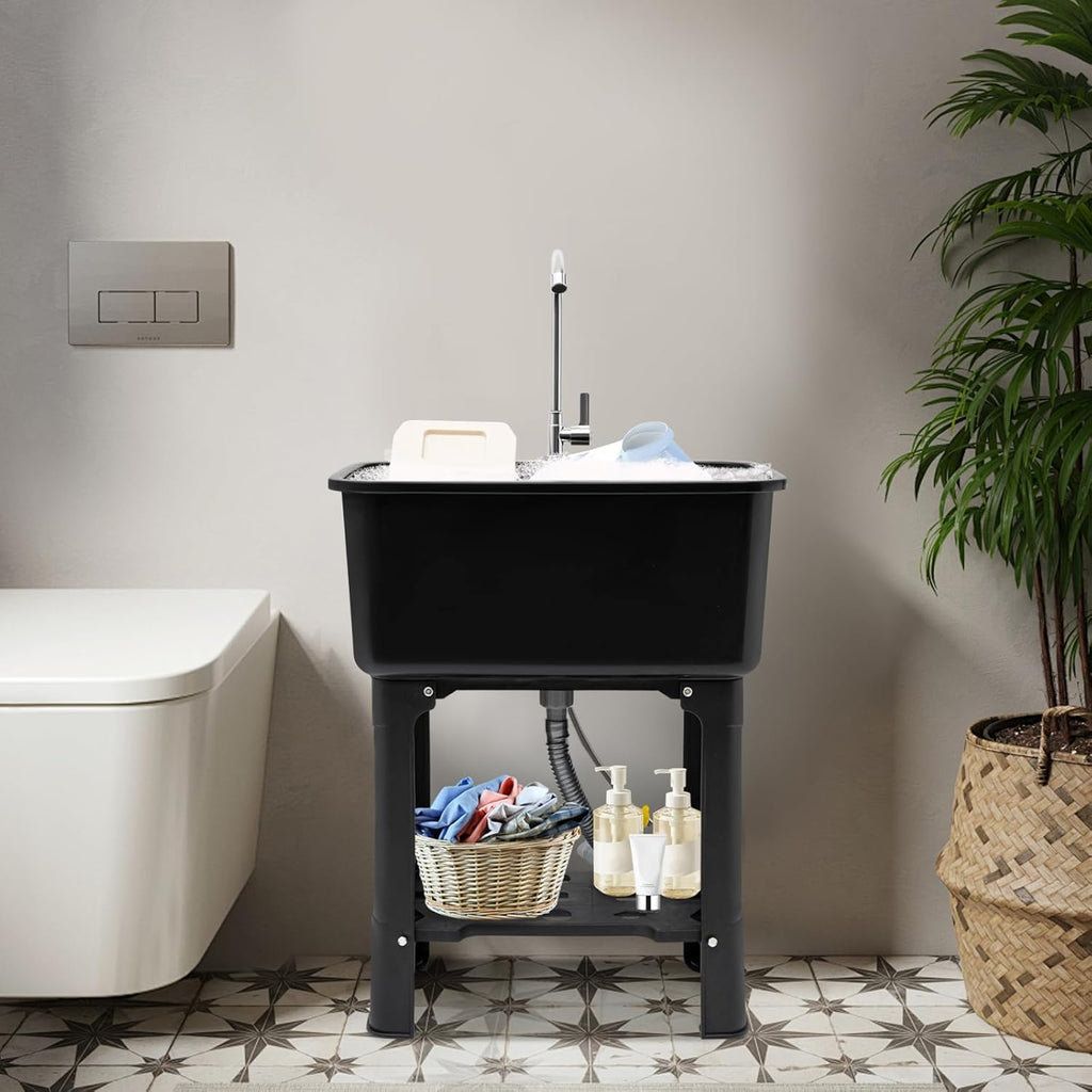 Utility Sink with Faucet for Laundry Room and Garage, Plastic Bathroom Laundry Sink Freestanding Laundry Tub Outdoor Sink Ideal for Workshop, Bathroom, Kitchen, 24" W x 16" D x 30" H (Black)