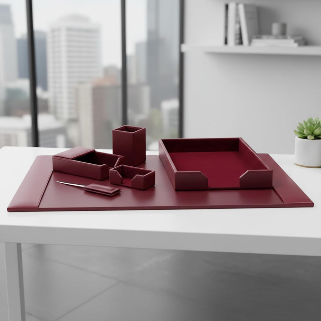 DACASSO Bonded Leather Desk Set - Luxury Leather Desk Pad & Desk Organization Essentials (Burgundy, 6 Piece)