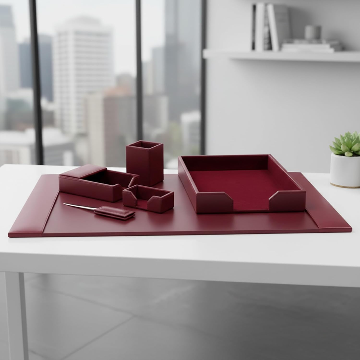 DACASSO Bonded Leather Desk Set - Luxury Leather Desk Pad & Desk Organization Essentials (Burgundy, 6 Piece)