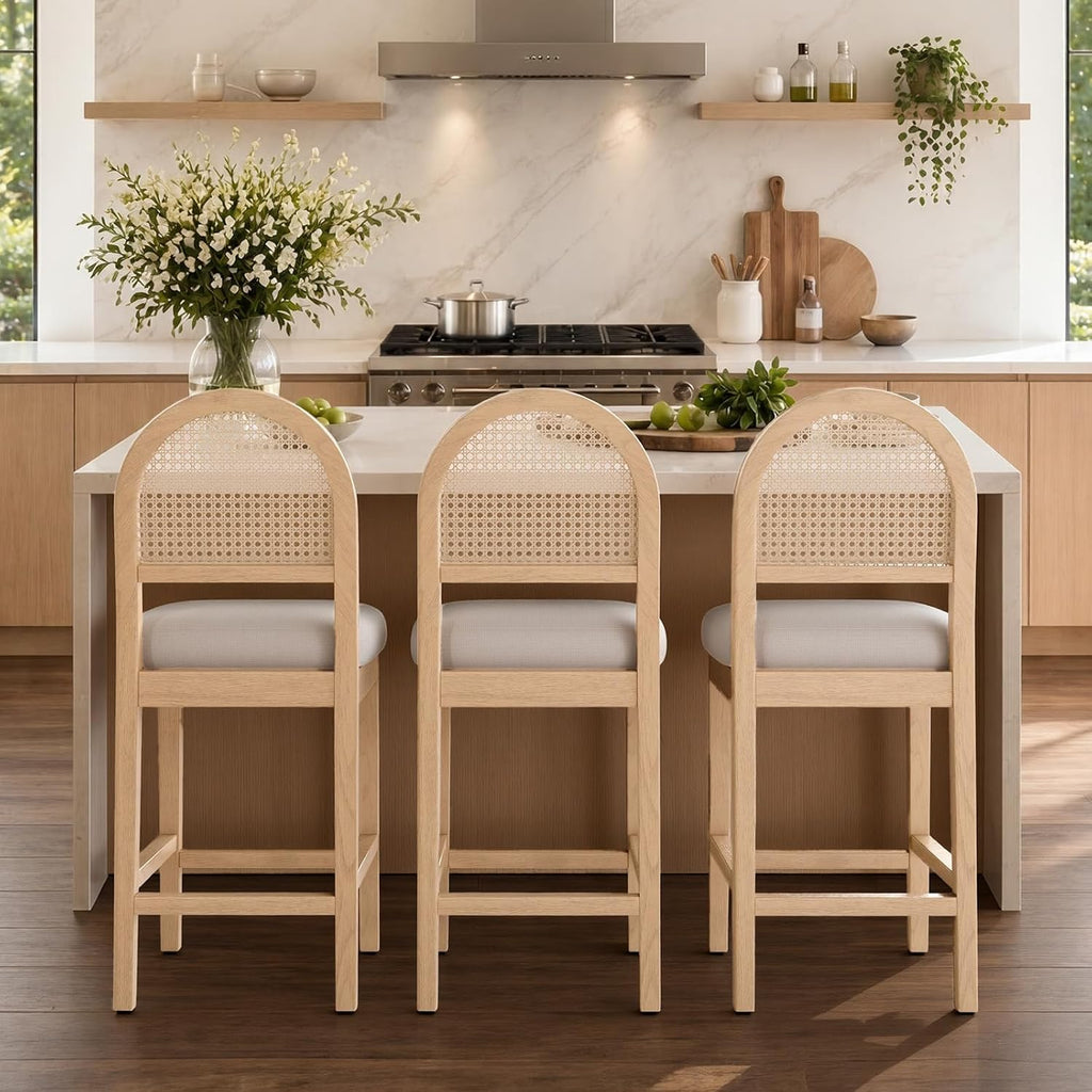 Farmhouse Rattan Counter Height Bar Stools Set of 3, Chenille Upholstered Barstools with Solid Wood Frame & Legs, Chic Kitchen Island Chairs, Natural
