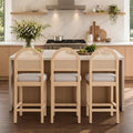 Farmhouse Rattan Counter Height Bar Stools Set of 3, Chenille Upholstered Barstools with Solid Wood Frame & Legs, Chic Kitchen Island Chairs, Natural