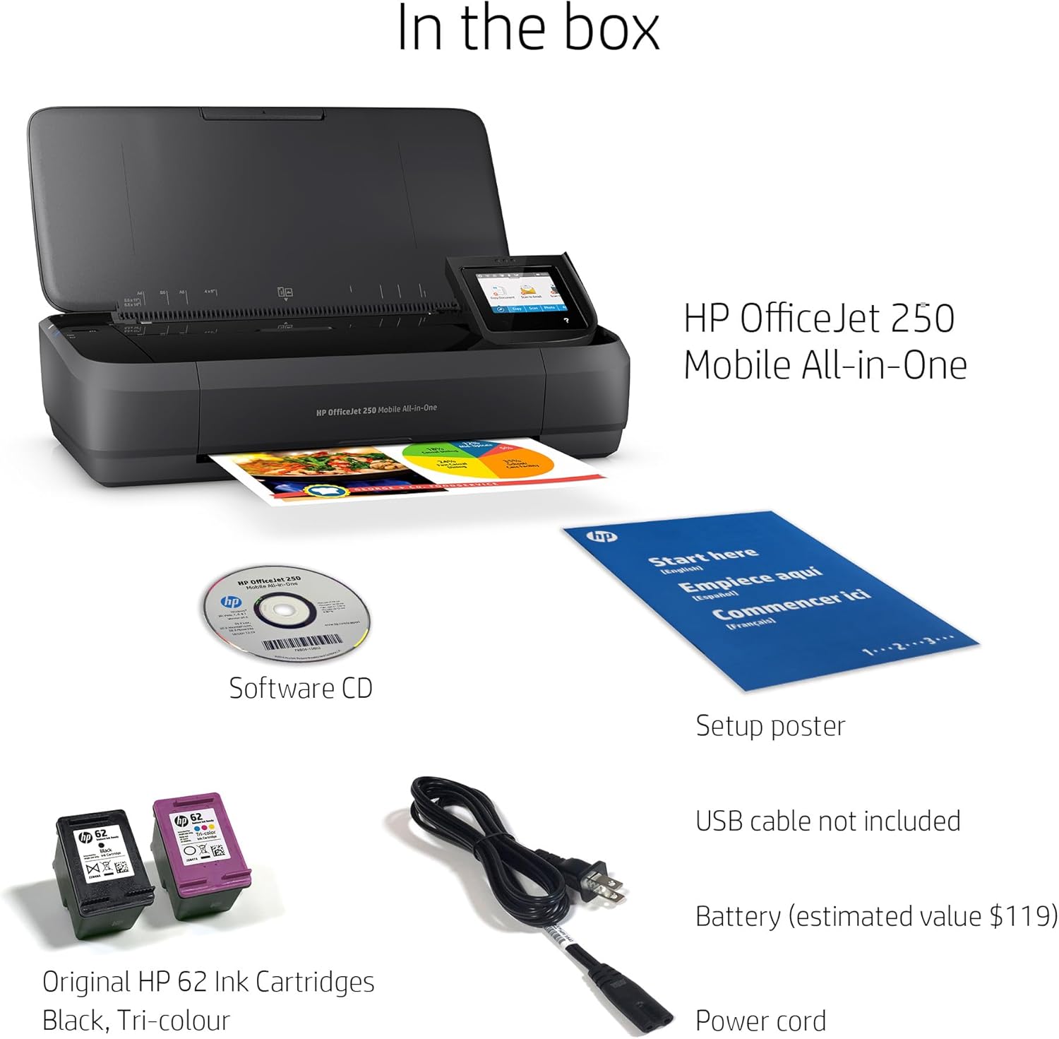 HP OfficeJet 250 Wireless Mobile Printer, Scanner, Copier - Black, Battery Included (CZ992A)
