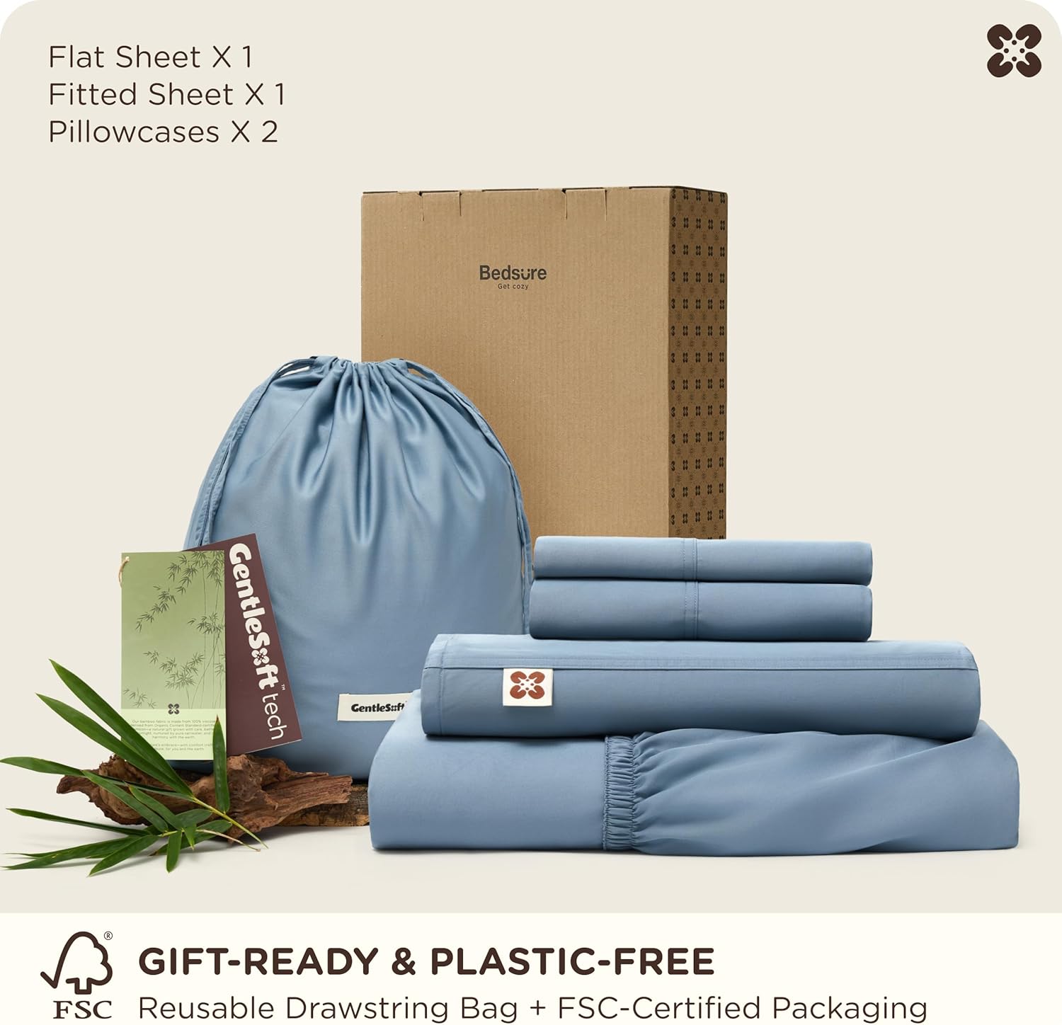 Bedsure 100% Organically Grown Bamboo Viscose Queen Sheet Set | Cooling Bedsheets for Hot Sleepers | Luxury Silky Soft PureWoven | 18" Deep Pocket with Corner Straps | Oeko-Tex Mineral Blue