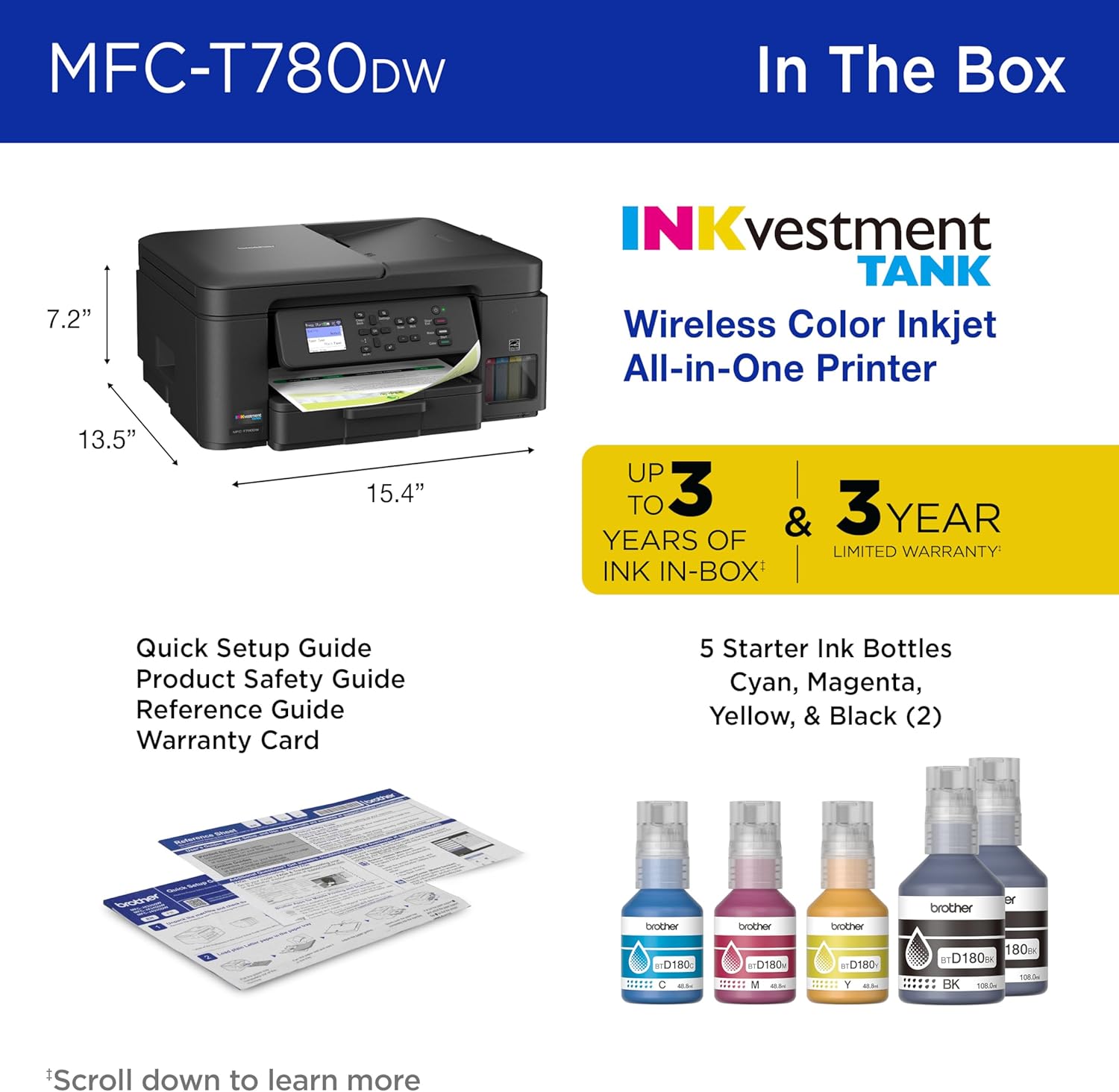 Brother INKvestment Tank 780 Wireless Color Inkjet All-in-One Printer with Duplex Printing | Includes up to 3 Years of Ink in-Box(1) and a 3-Year Limited Warranty(2) (MFC-T780DW)